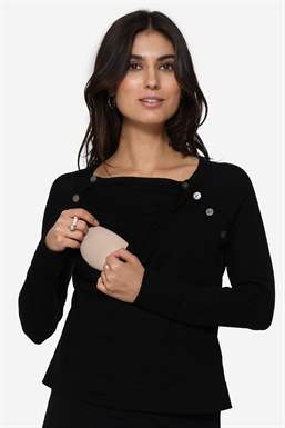 Sort ammebluse med bådudskæring og i 100% Merino uld